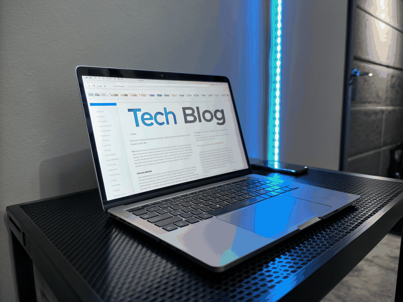 Sleek tech blog with dark mode interface